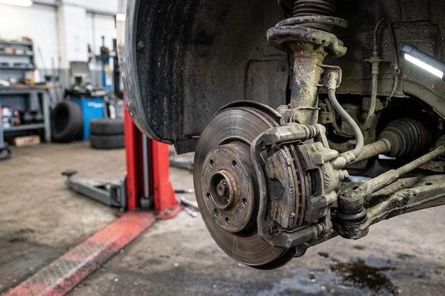 Brake disc, caliper and suspension assembly with the wheel removed