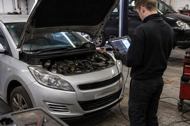 Diagnostic scanner connected to a family car in an independent Coventry workshop