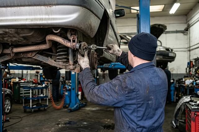 Worn exhaust mounting being replaced underneath a raised vehicle