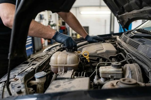 Gloved hand carrying out fluid and multi-point checks during a service