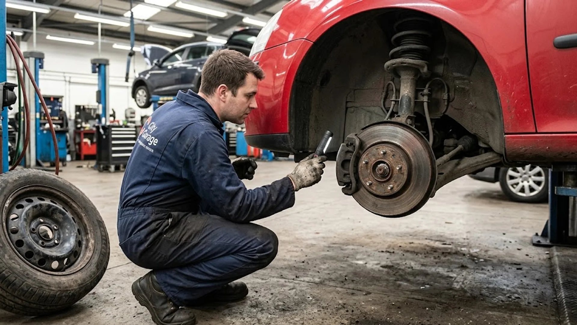 Wheel-off brake and suspension inspection on a red hatchback