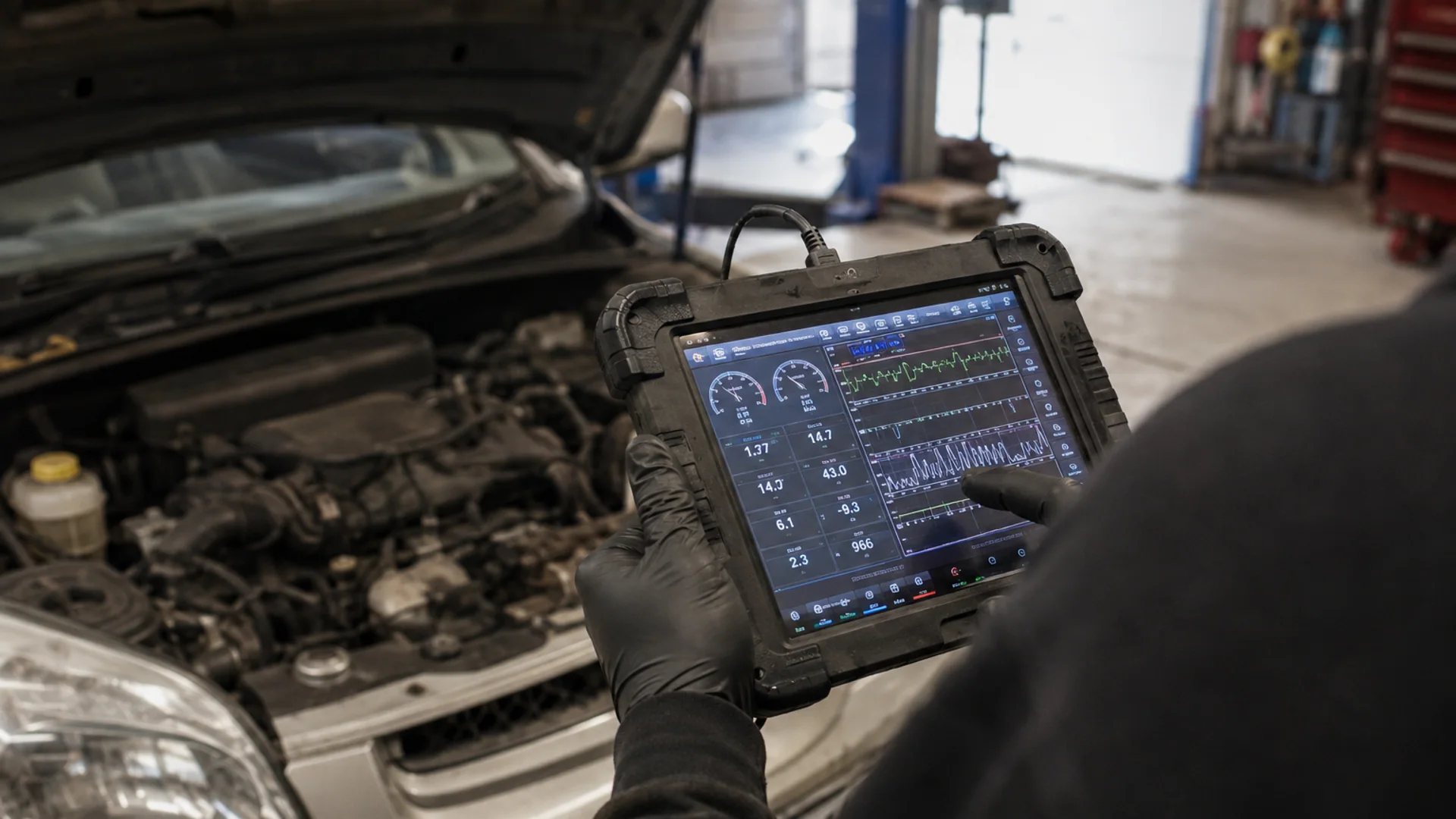Technician analysing live diagnostic data beside an open engine bay
