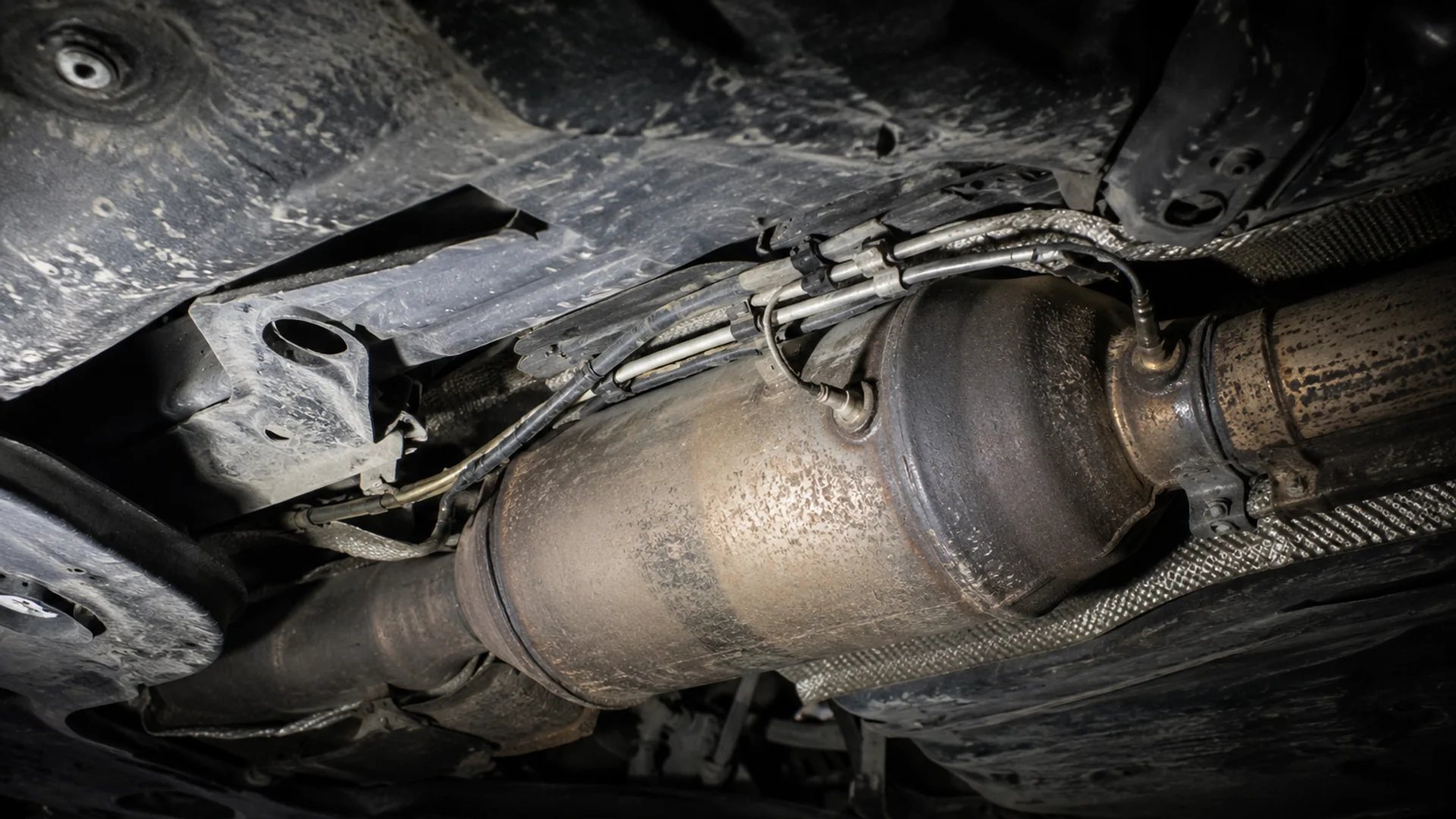 Diesel particulate filter and exhaust assembly beneath a raised vehicle