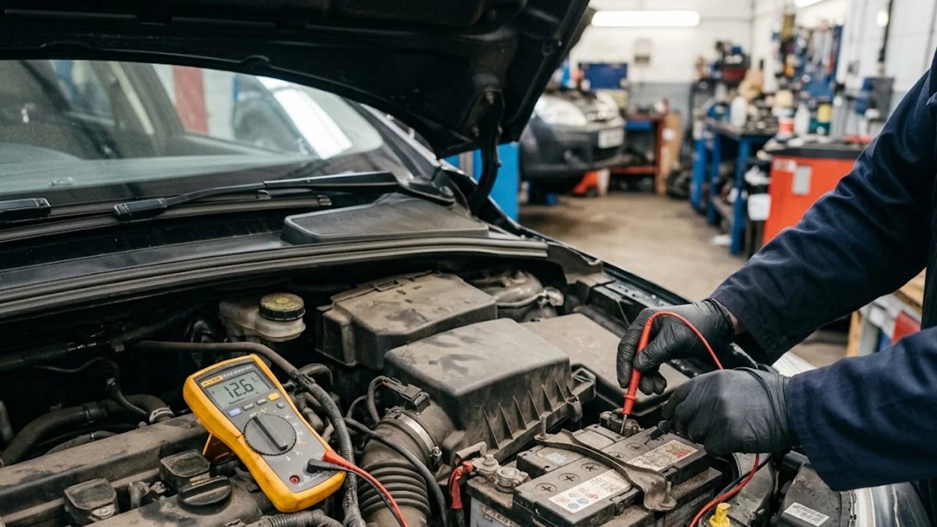 Battery voltage testing with multimeter probes in an open engine bay