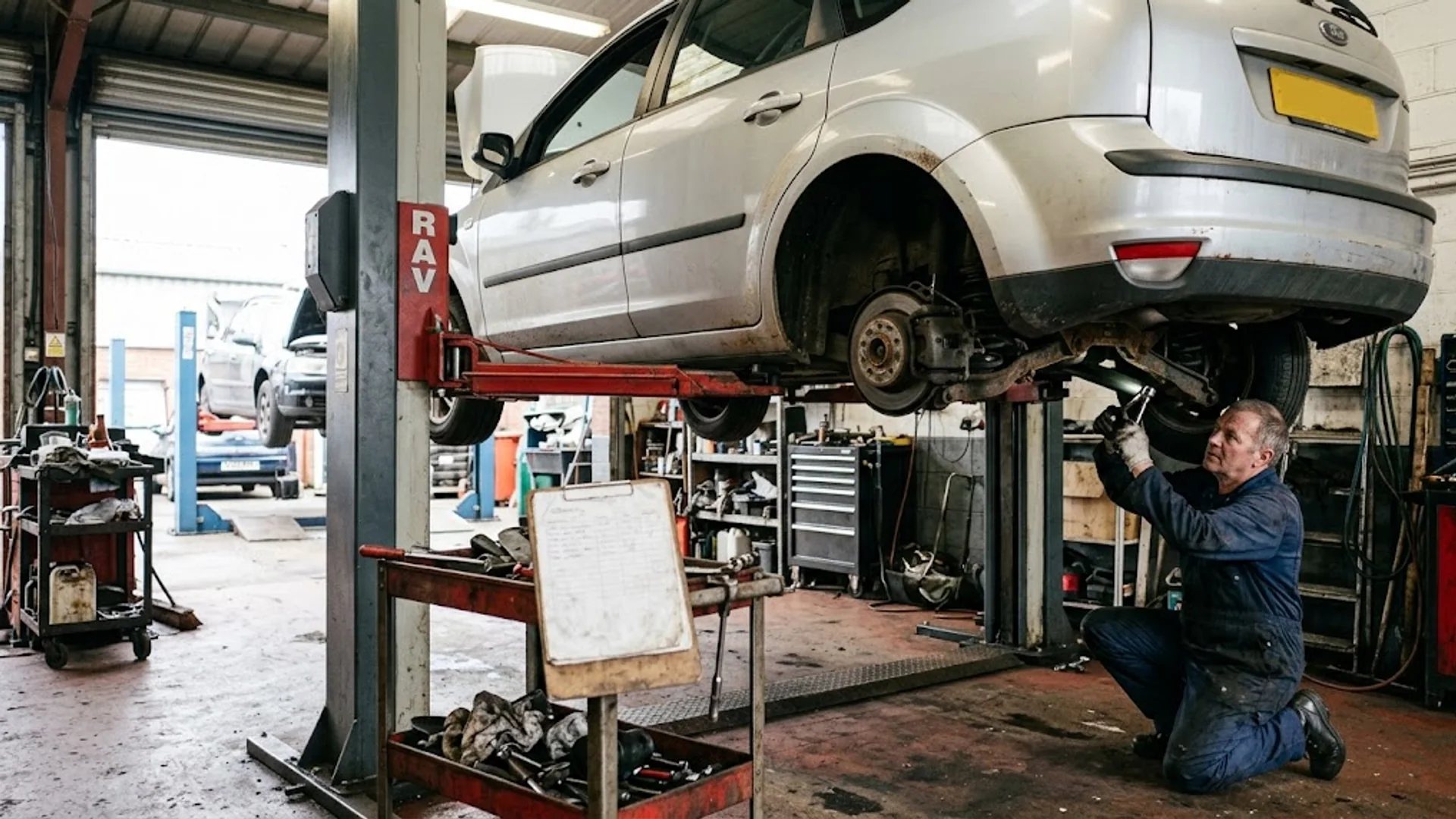 Mechanic repairing an MOT failure beneath a car on a workshop lift