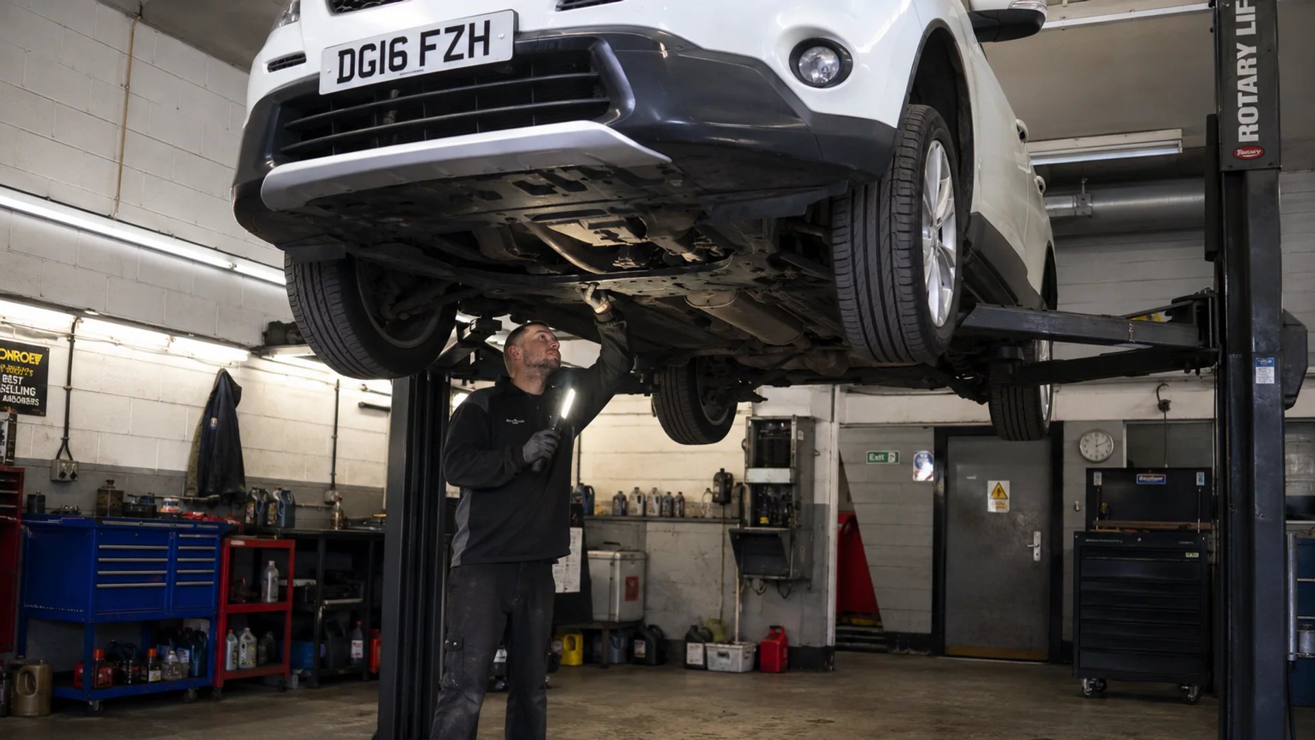 Used compact SUV receiving an underbody pre-purchase inspection on a lift