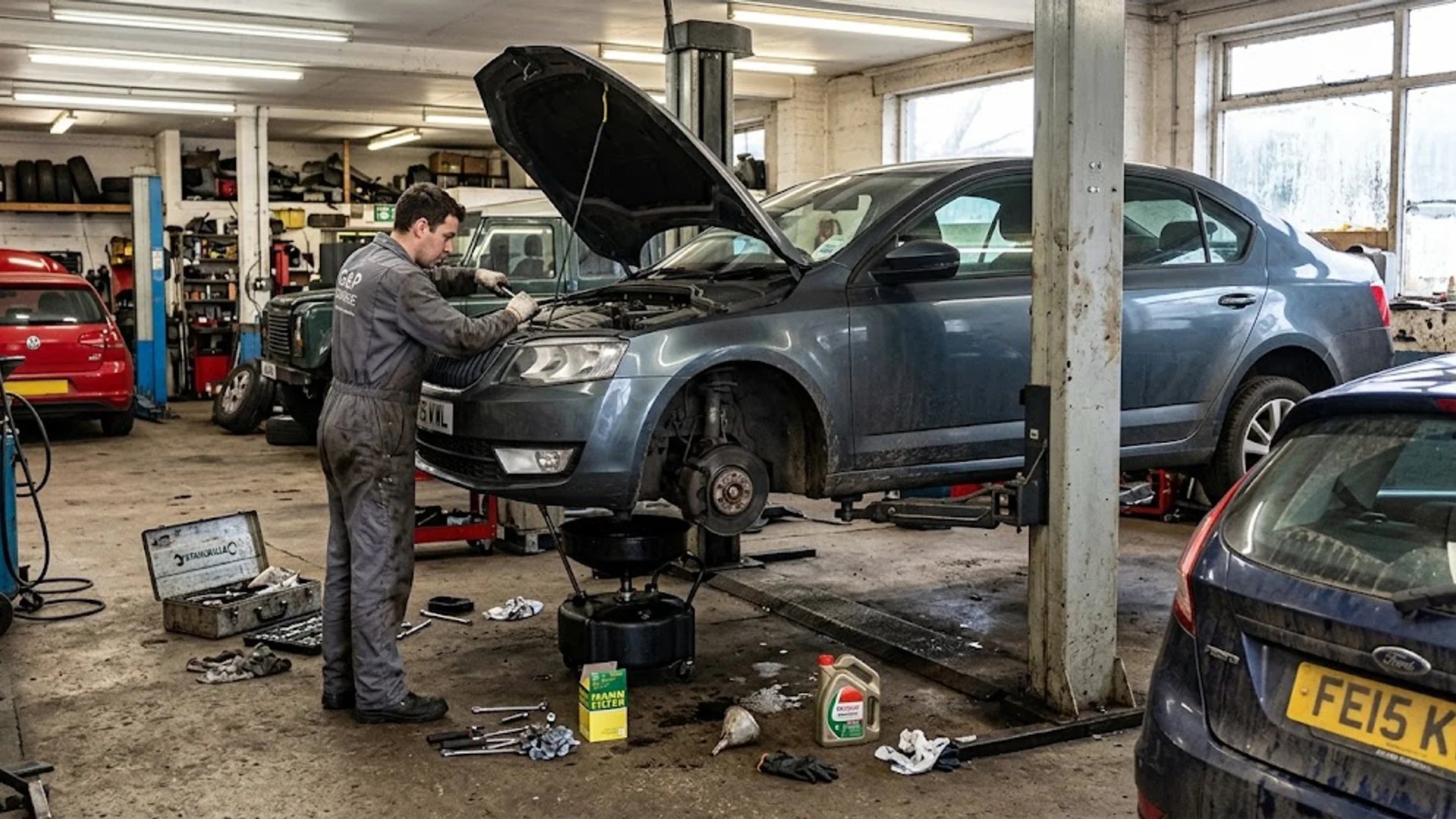 Family car receiving a full service on a workshop lift
