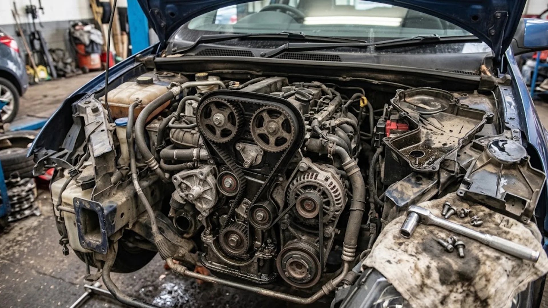 Timing cover removed with the belt and pulleys visible during repair