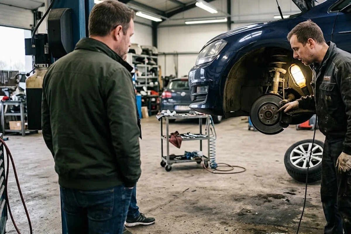 Mechanic explaining a discovered vehicle fault to a customer