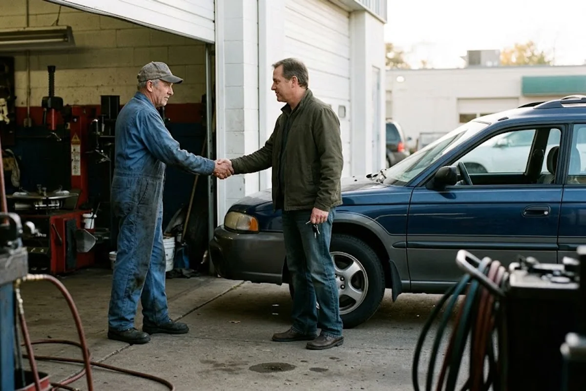Customer and mechanic shaking hands after completed workshop work