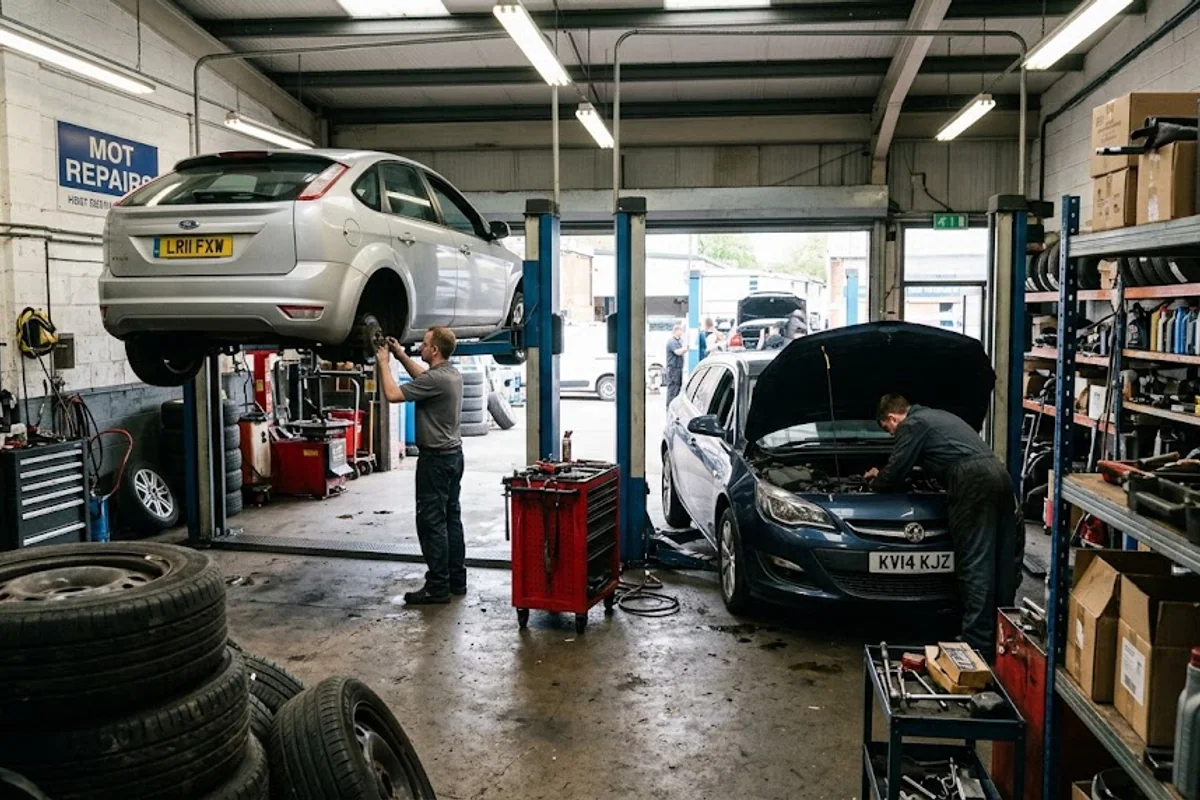 Busy independent garage with two vehicles in workshop bays