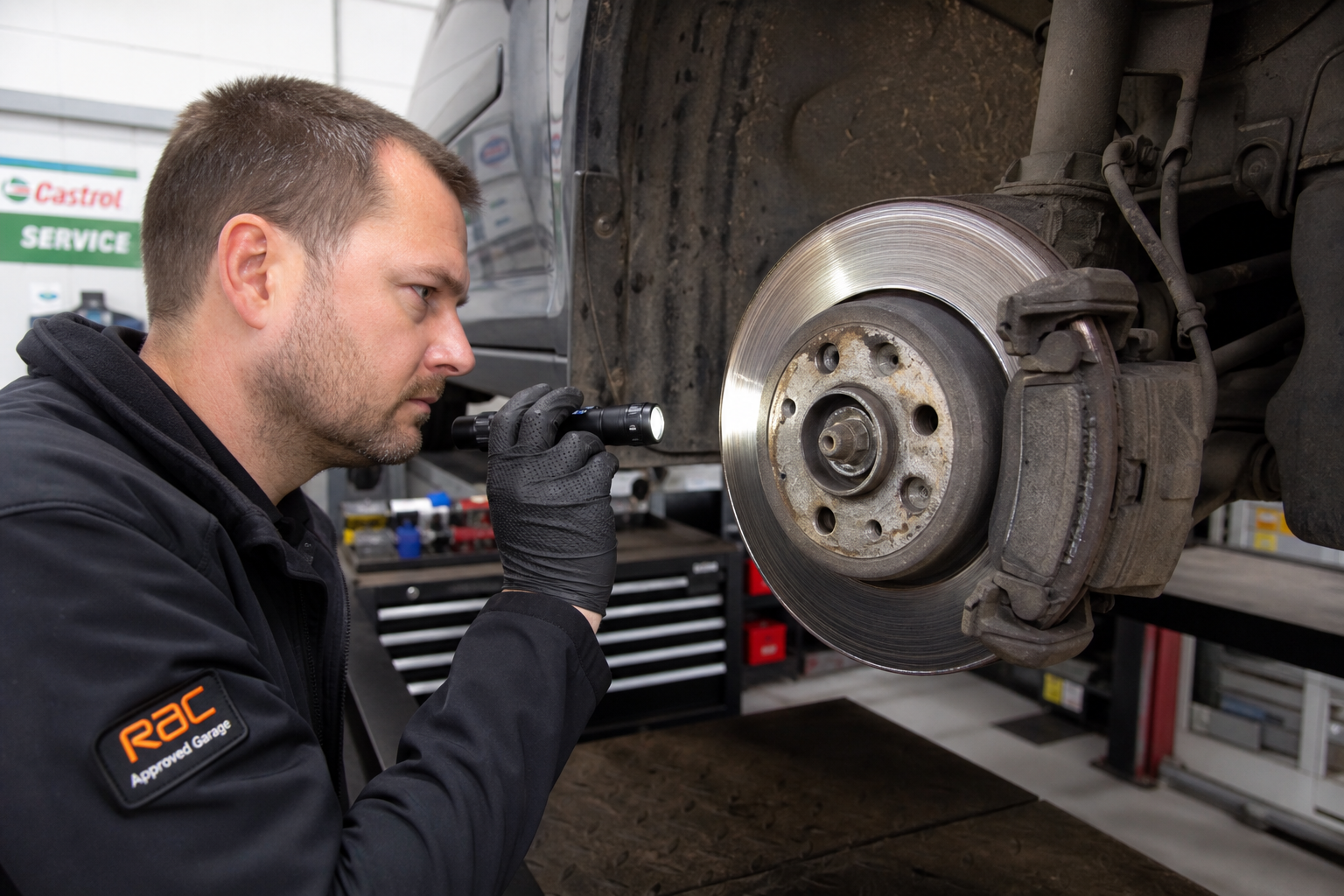 Mechanic inspecting worn brake discs and pads on a car raised on a ramp