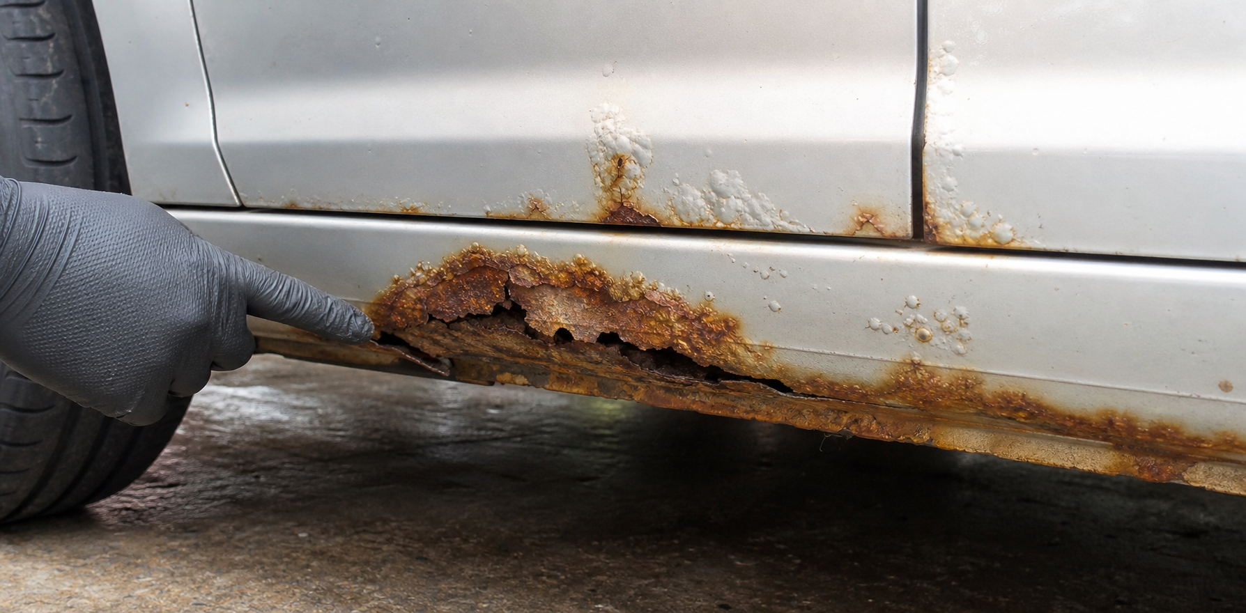 Close-up of rust bubbling through paint on a used car sill