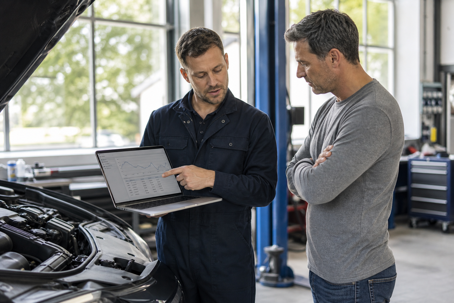 Mechanic explaining diagnostic results to a customer