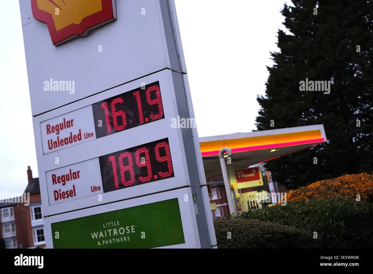 Shell fuel station price board showing 181.9p unleaded and 186.9p diesel — elevated UK prices in 2026