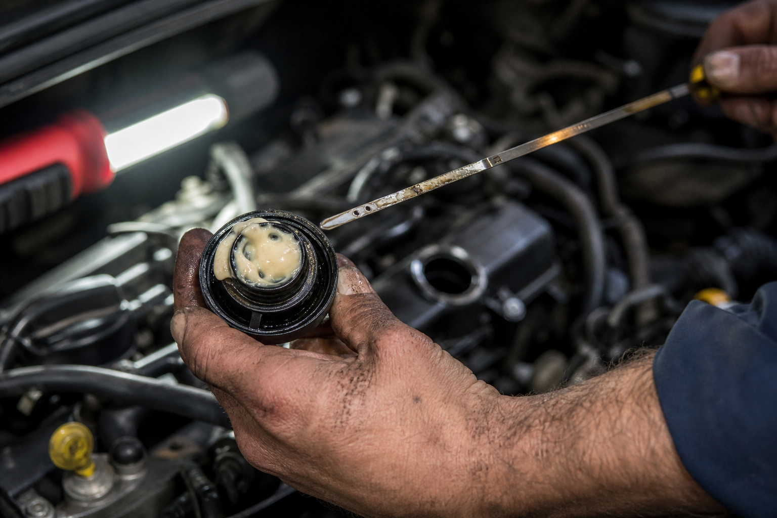 Mechanic checking for milky oil residue under the oil filler cap