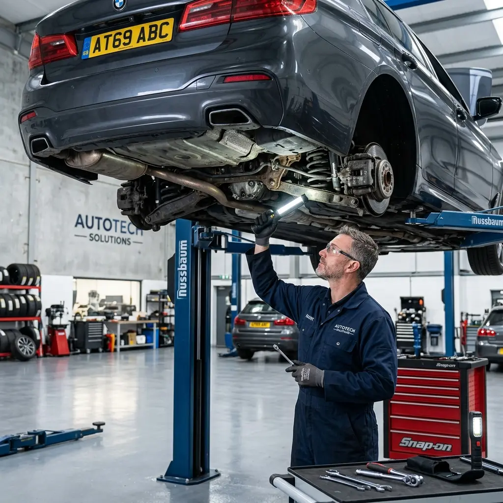 Mechanic inspecting under a car lifted on a ramp in a workshop
