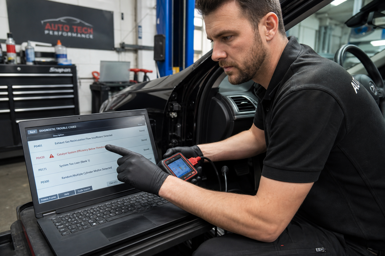Mechanic using an OBD2 scanner on a used car to read stored fault codes