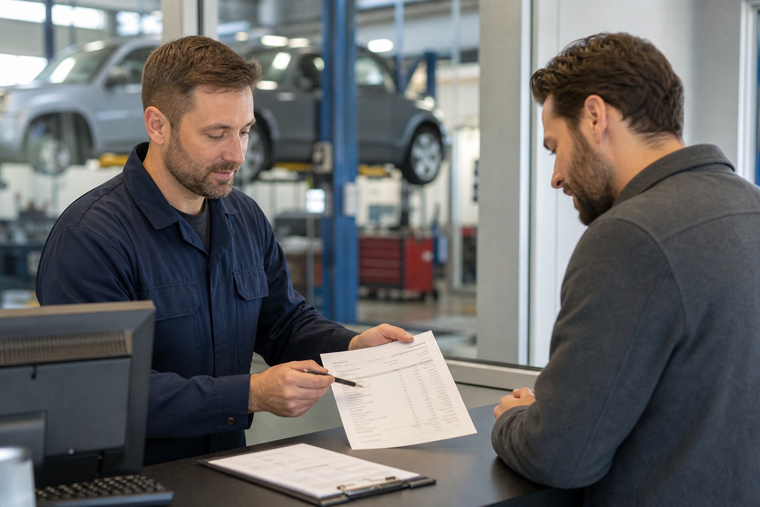 Mechanic reviewing an itemized repair quote with a customer