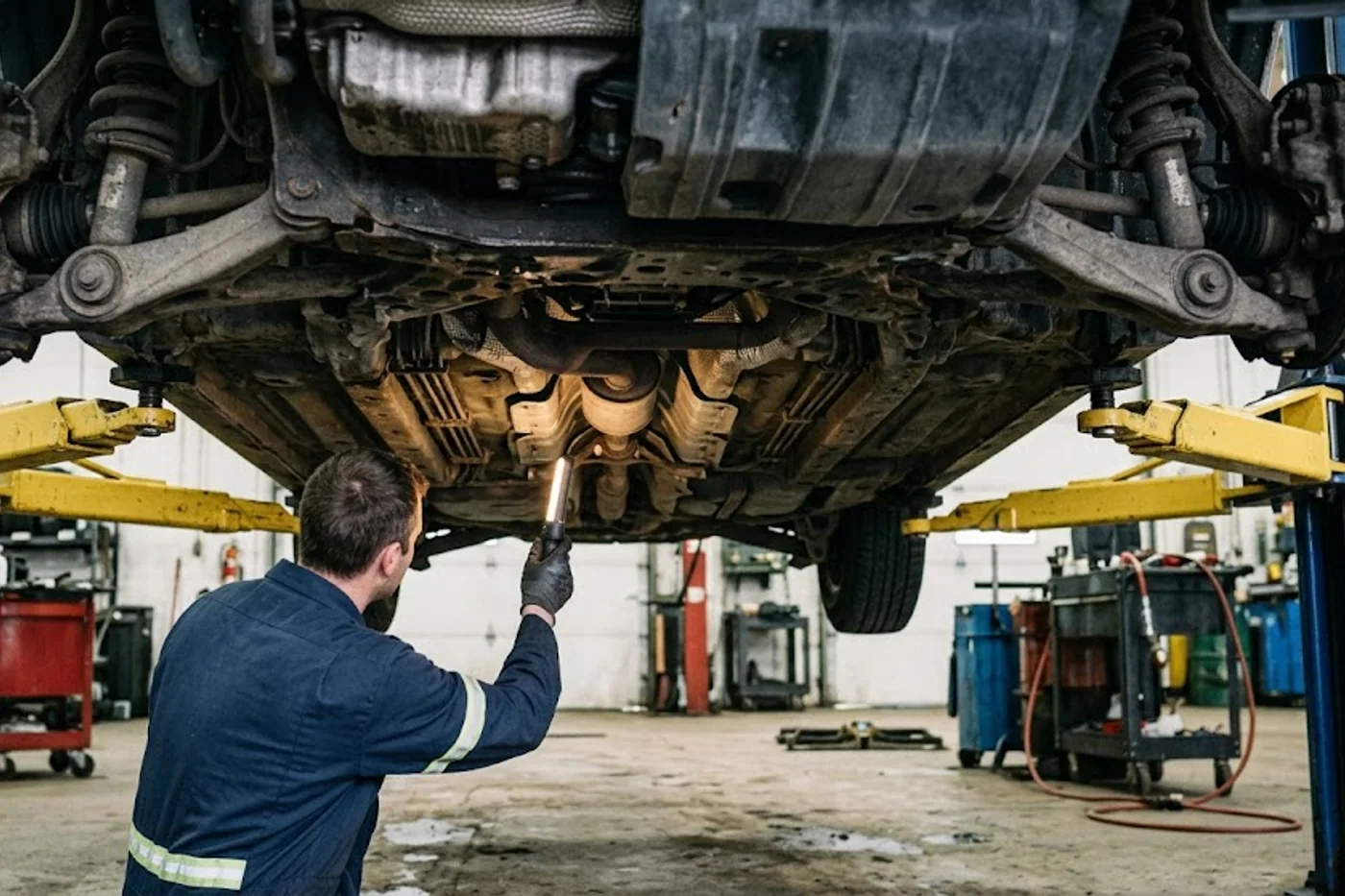 Technician inspecting suspension components underneath a raised vehicle