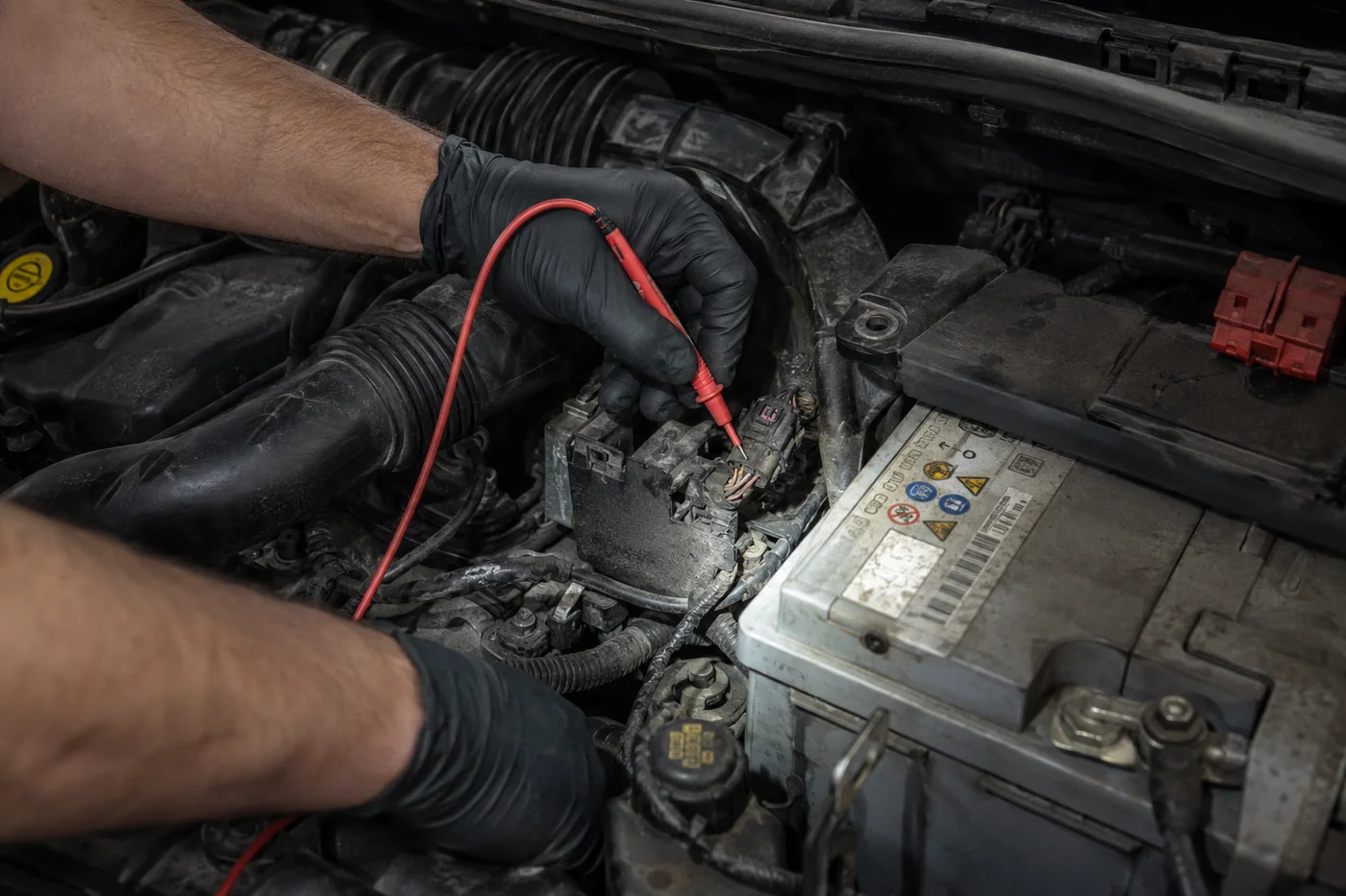 Component-level electrical testing with a multimeter in an engine bay
