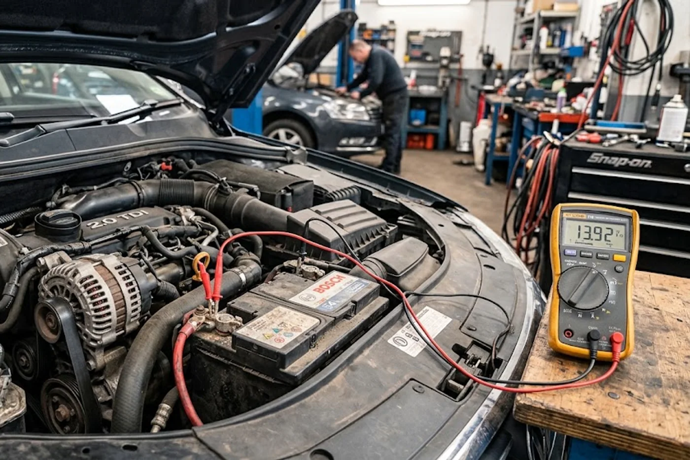 Battery and charging-system test equipment connected in an engine bay