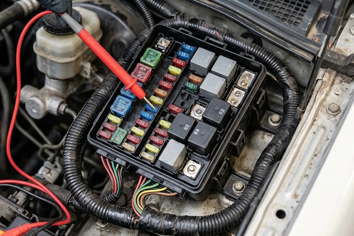 Automotive fuse and relay box being tested with an electrical probe