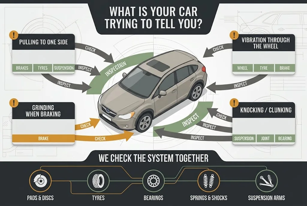 Vehicle symptom map linking pulling, vibration, grinding and knocking to possible brake, tyre and suspension systems