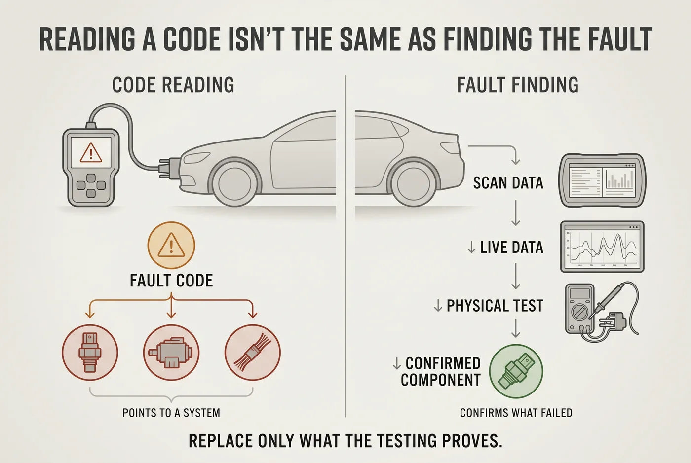 Comparison showing the difference between reading a fault code and confirming a vehicle fault through live data and physical testing