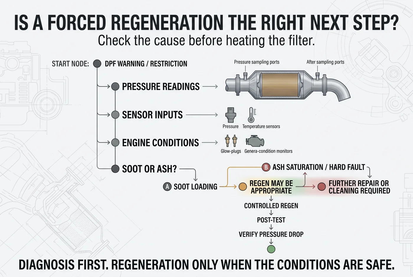 Decision process used to assess whether a blocked diesel particulate filter is suitable for forced regeneration