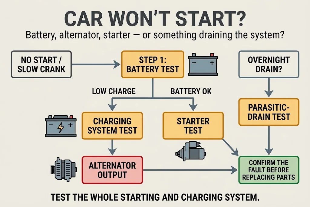 No-start diagnostic decision tree covering battery, alternator, starter motor and parasitic electrical drain checks