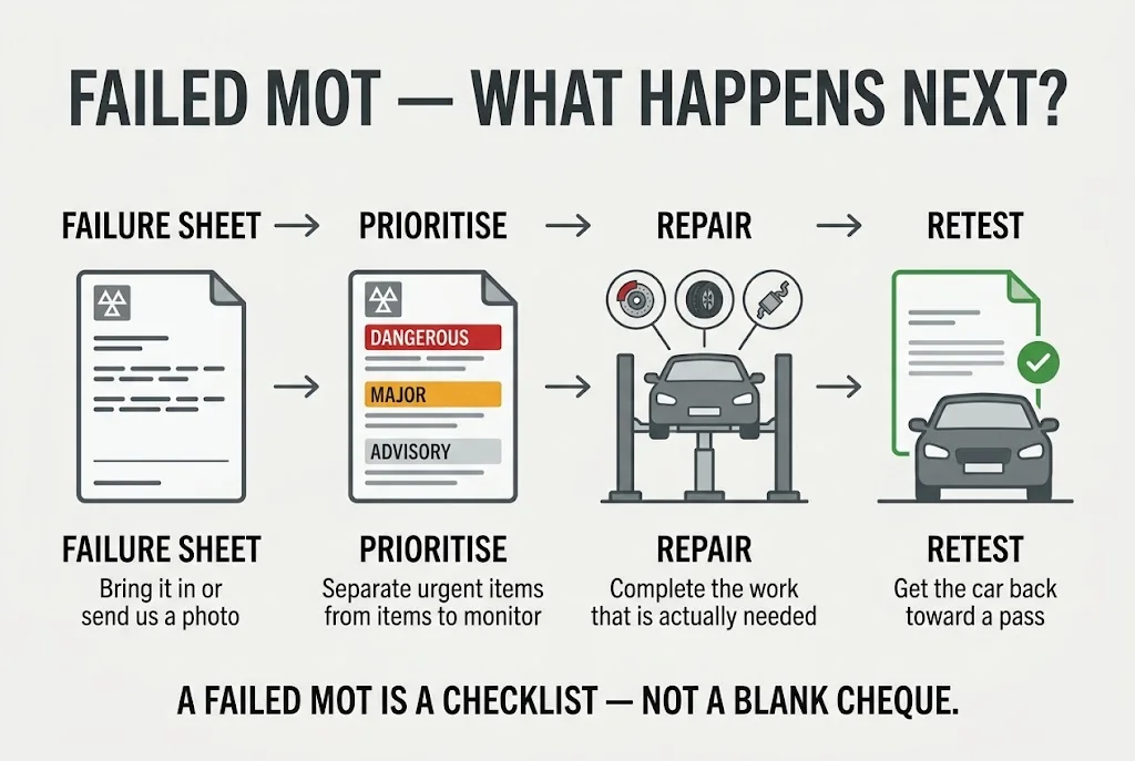 Workflow from receiving an MOT failure sheet through repair prioritisation and vehicle retest