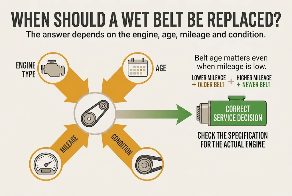 Wet belt replacement decision guide based on engine specification, age, mileage, condition and service history