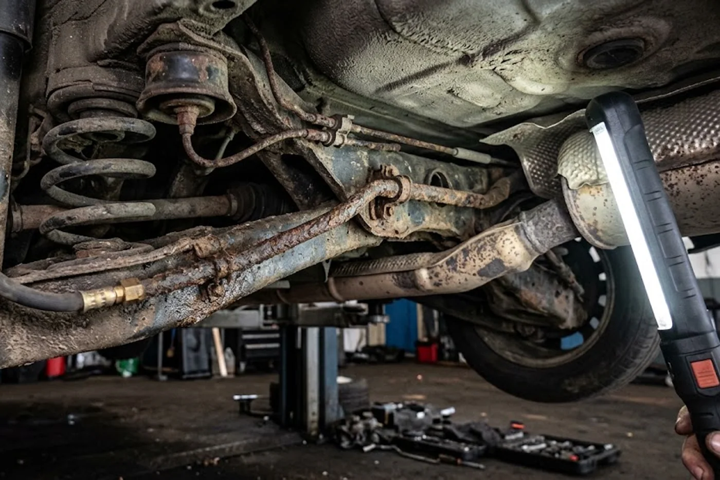 Corroded brake pipe photographed as evidence of an MOT-relevant defect