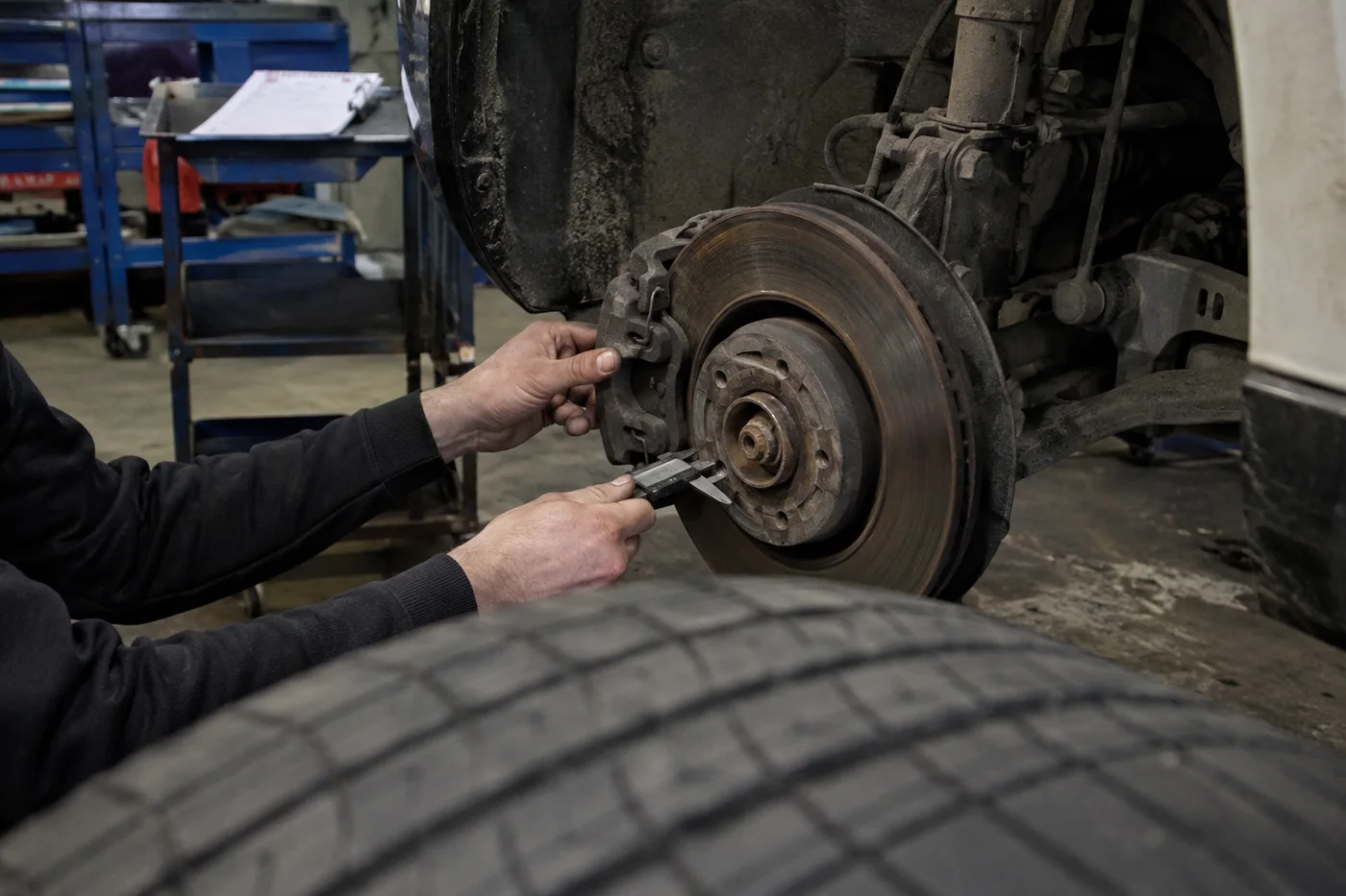 Brake and tyre measurements being recorded during a used-car inspection