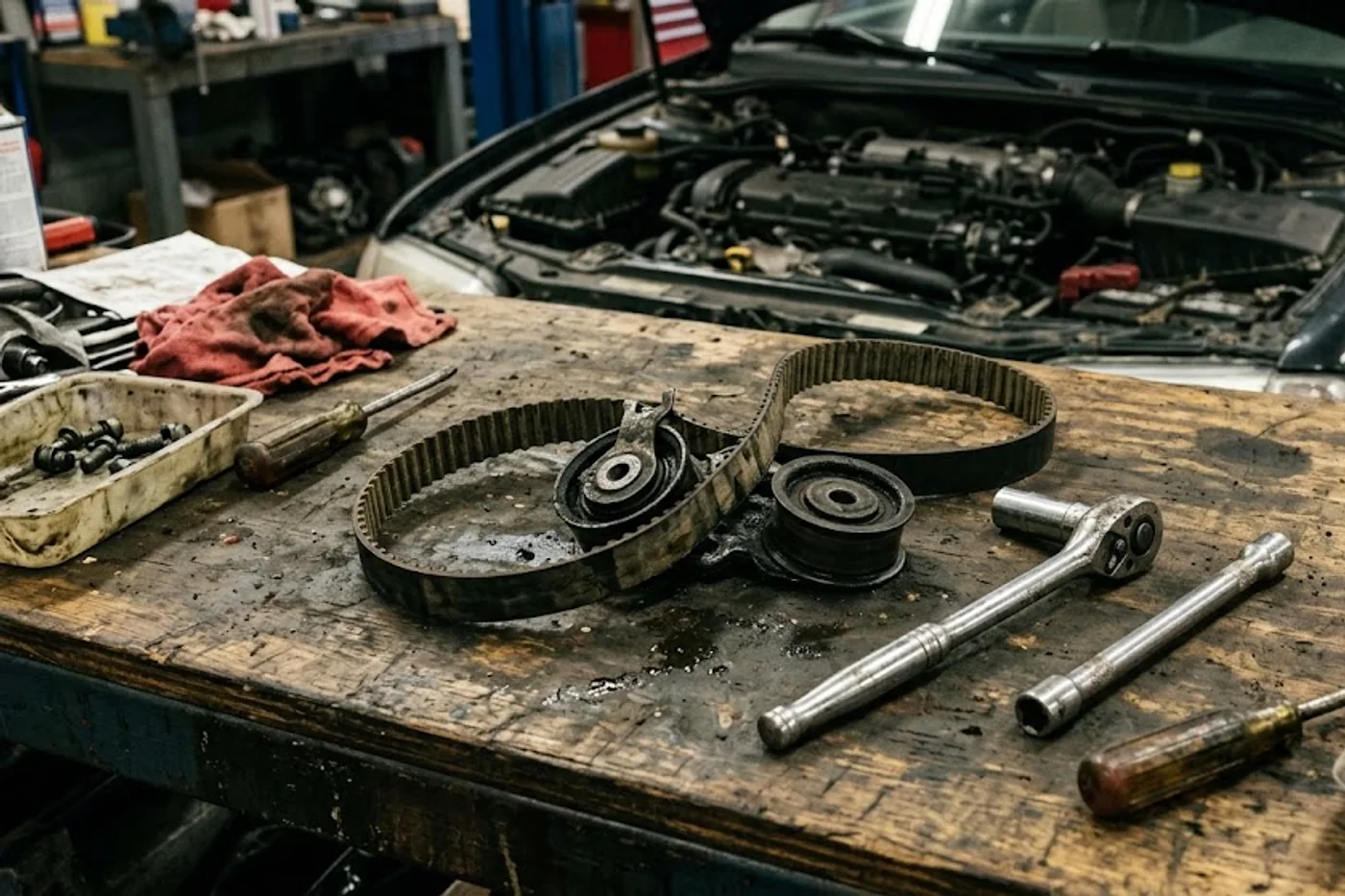 Removed timing belt, tensioner and components laid out on a workbench